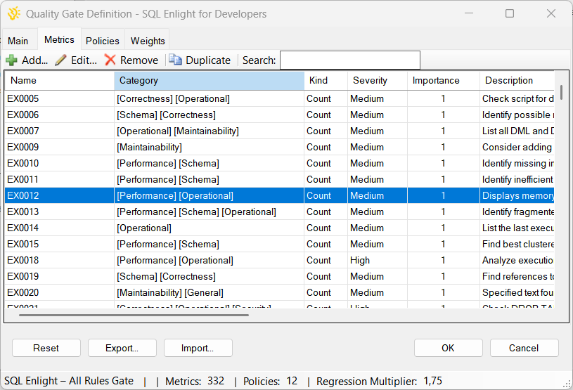 Metrics tab showing the list of metric definitions.