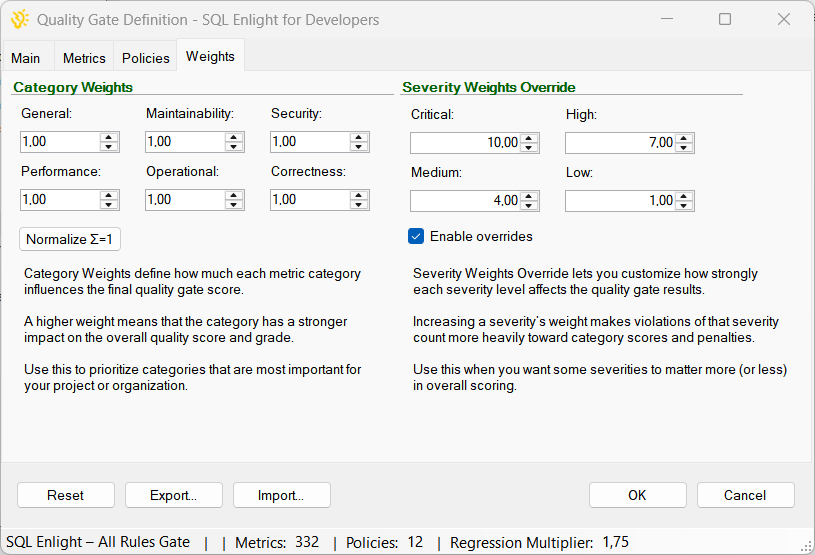 Weights tab showing category weights and severity overrides.