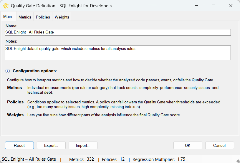 Main Quality Gate editor dialog.