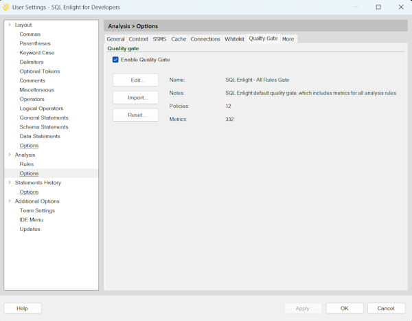 Quality Gate options page in the Analysis > Options dialog.