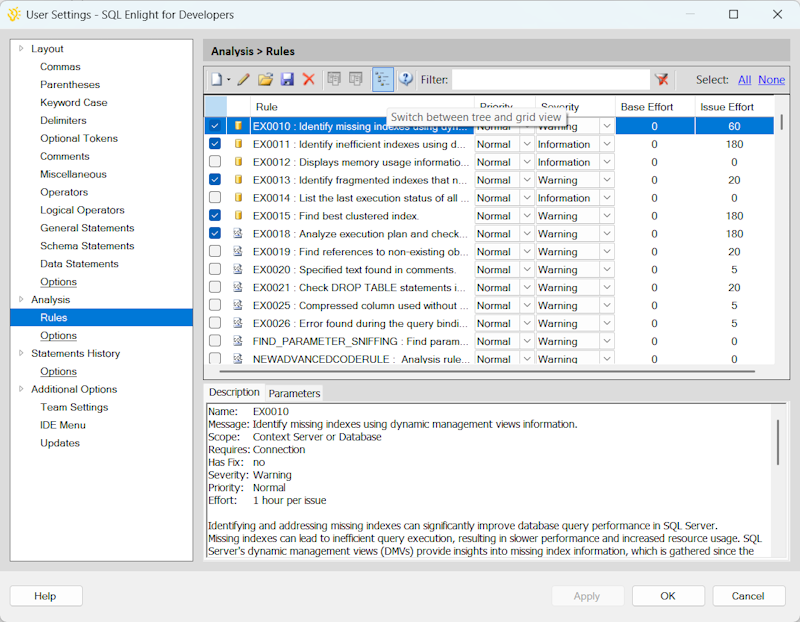 Manage Analysis Rules | SQL Enlight Help
