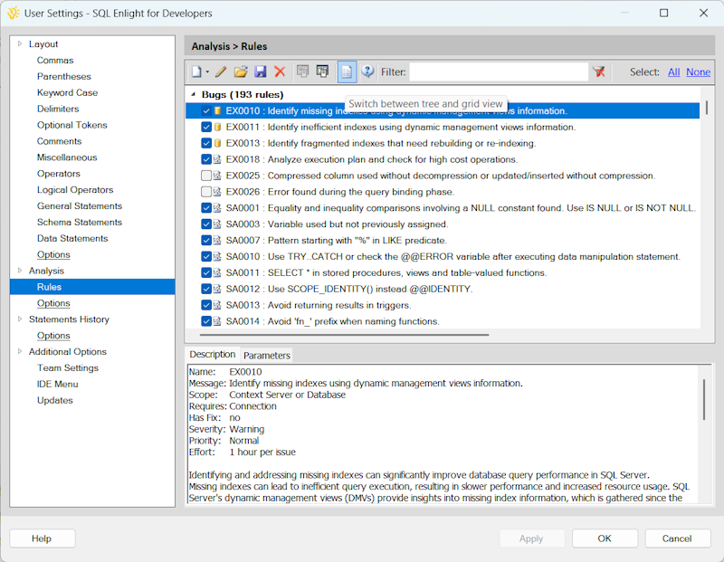 Manage Analysis Rules | SQL Enlight Help