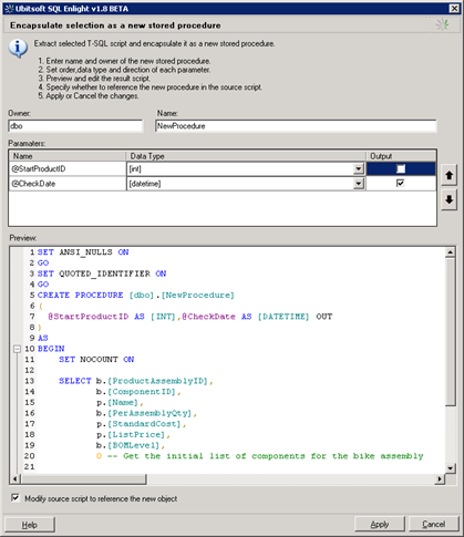 Encapsulate as Stored Procedure | SQL Enlight Help